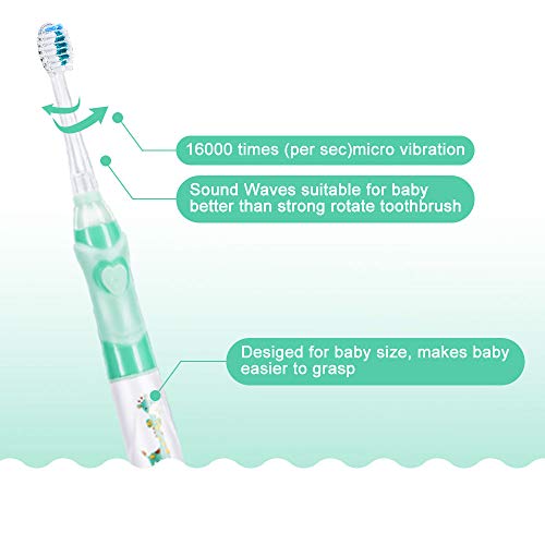OTraki Cepillo Electrico Dientes para Niños Cepillo Dientes Infantil Impermeable Temporizador Inteligente con LED Luz, Limpieza Dental Toothbrush con 2 Reemplazable Cabezas para Edad 3+ (Verde)