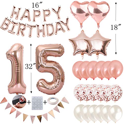Ouceanwin 15 Cumpleaños Decoraciones Oro Rosa, Globos Numeros Gigante 15, Bandera de Globos Happy Birthday, Globos de Confeti, 15 años Fiesta de Cumpleaños Kit para Niñas y Mujeres