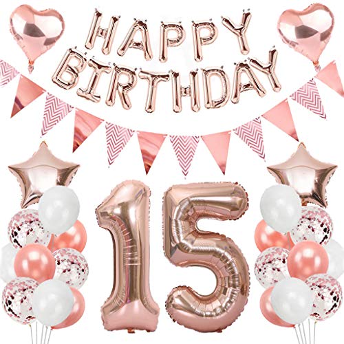 Ouceanwin 15 Cumpleaños Decoraciones Oro Rosa, Globos Numeros Gigante 15, Bandera de Globos Happy Birthday, Globos de Confeti, 15 años Fiesta de Cumpleaños Kit para Niñas y Mujeres