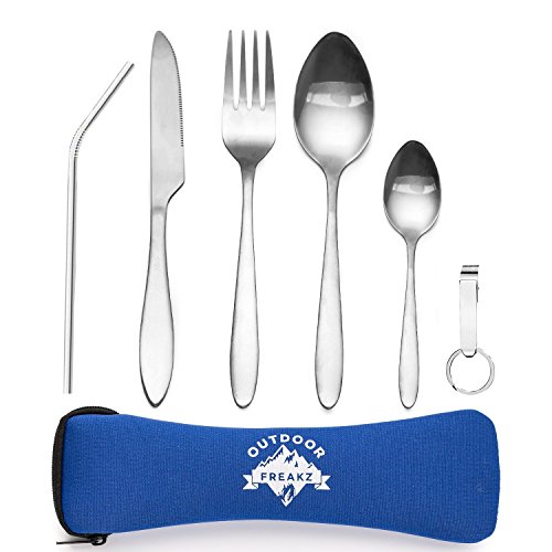 OUTDOOR FREAKZ Cubiertos para cámping - Vajilla de Exteriores de Acero Inoxidable con Bolsa de Neopreno (4pack ++)
