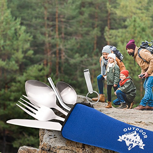 OUTDOOR FREAKZ Cubiertos para cámping - Vajilla de Exteriores de Acero Inoxidable con Bolsa de Neopreno (4pack ++)