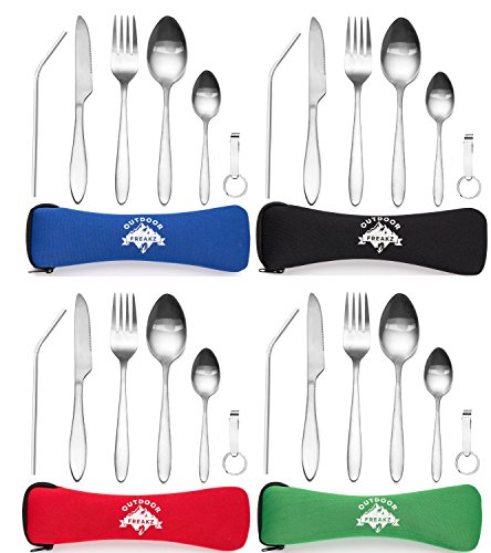 OUTDOOR FREAKZ Cubiertos para cámping - Vajilla de Exteriores de Acero Inoxidable con Bolsa de Neopreno (4pack ++)