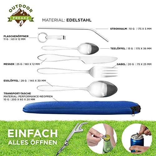OUTDOOR FREAKZ Cubiertos para cámping - Vajilla de Exteriores de Acero Inoxidable con Bolsa de Neopreno (4pack ++)
