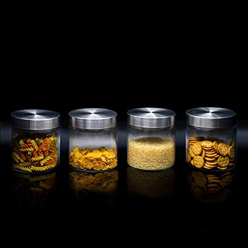 OUXI 4 PCS Tarros De Cristal con Tapa De Acero Inoxidable, 830MLBotes Recipientes para Alimentos Hermeticos De Vidrio para Cocina, Almacenaje De Legumbres, Galletas, Espaguetis (4 Botes, 830 ML)
