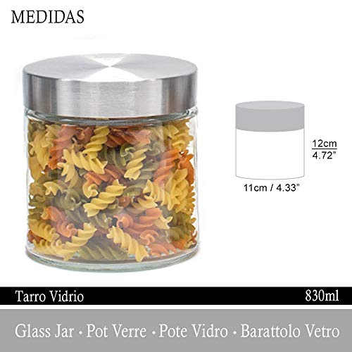 OUXI 4 PCS Tarros De Cristal con Tapa De Acero Inoxidable, 830MLBotes Recipientes para Alimentos Hermeticos De Vidrio para Cocina, Almacenaje De Legumbres, Galletas, Espaguetis (4 Botes, 830 ML)