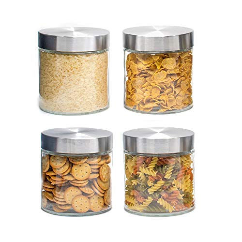 OUXI 4 PCS Tarros De Cristal con Tapa De Acero Inoxidable, 830MLBotes Recipientes para Alimentos Hermeticos De Vidrio para Cocina, Almacenaje De Legumbres, Galletas, Espaguetis (4 Botes, 830 ML)