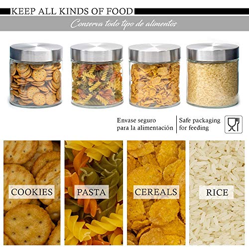 OUXI 4 PCS Tarros De Cristal con Tapa De Acero Inoxidable, 830MLBotes Recipientes para Alimentos Hermeticos De Vidrio para Cocina, Almacenaje De Legumbres, Galletas, Espaguetis (4 Botes, 830 ML)