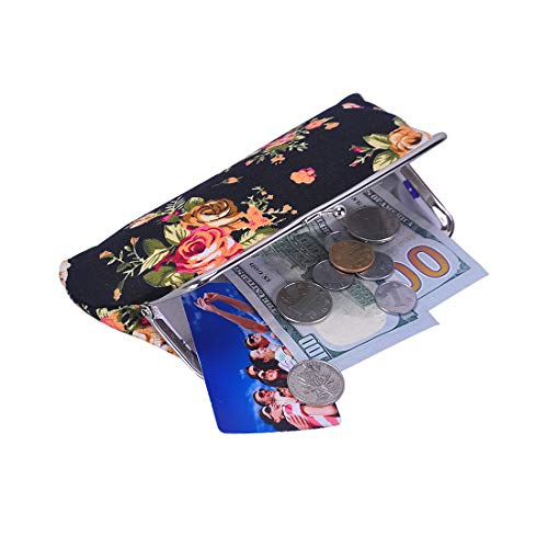 Oyachic 2 Piezas Monedero Mujer Coin Purse Monedero Monedas Vintage Bolso Lienzo Pequeño Kiss Lock Pouch Patrón de Rosa (negro + blanco)