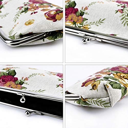 Oyachic 2 Piezas Monedero Mujer Coin Purse Monedero Monedas Vintage Bolso Lienzo Pequeño Kiss Lock Pouch Patrón de Rosa (negro + blanco)