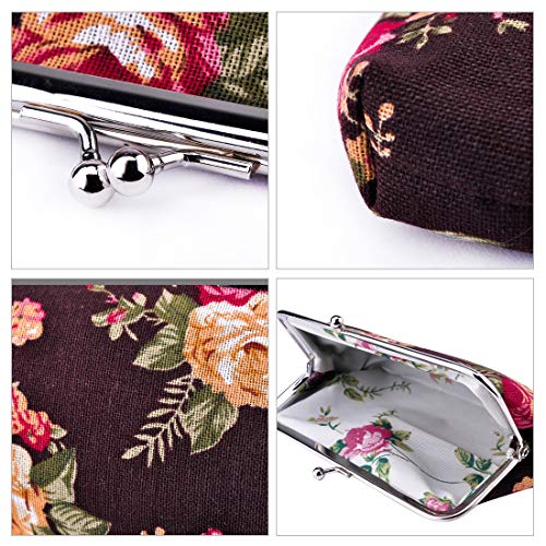 Oyachic 2 Piezas Monedero Mujer Coin Purse Monedero Monedas Vintage Bolso Lienzo Pequeño Kiss Lock Pouch Patrón de Rosa (negro + blanco)