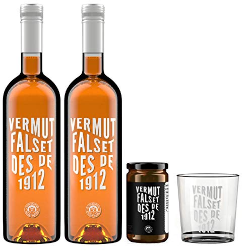 pack 2 x Vermut Falset des de 1912 + Aceitunas arbequinas + Vaso serigrafiado - Vermut Blanco - Garnacha Blanca - 1 x 75 cl