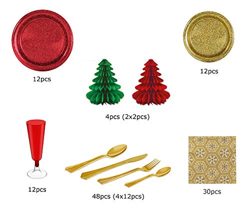 [Pack ahorro] Kit de vajilla desechable elegante con decoración de mesa para navidad ideal para fiestas - Rojo y Dorado - Incluye platos, cubiertos, copas, decoración y servilletas - 12 personas
