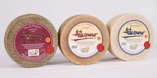Pack Artequeso - 3 Cuñas de Queso Manchego D.O.P. 250 gr. c/u (Semicurado, Curado y Añejo) - Manchego Artesano D.O.P. - Producción Artesana