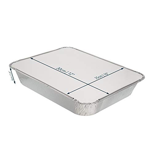 Pack de 10 recipientes rectangulares desechables de aluminio con tapa ~ bandejas de aluminio con tapa ~ Bueno para hornear, cocinar, almacenar y congelar ~ 25 x 30 cm (10 x 12 pulgadas)