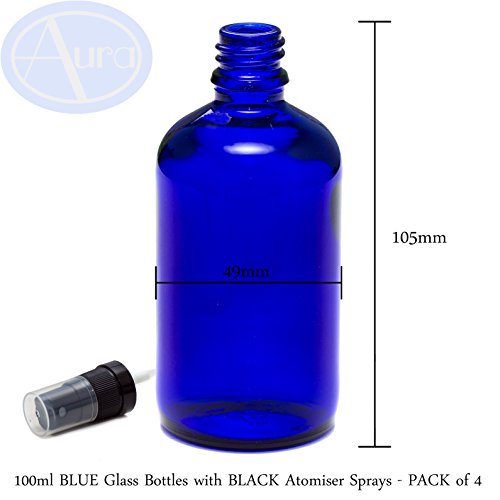 Pack de 4 botellas con atomizador negro - Cristal azul - 100 ml Uso para aceites esenciales/aromaterapia.