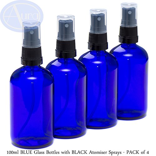 Pack de 4 botellas con atomizador negro - Cristal azul - 100 ml Uso para aceites esenciales/aromaterapia.