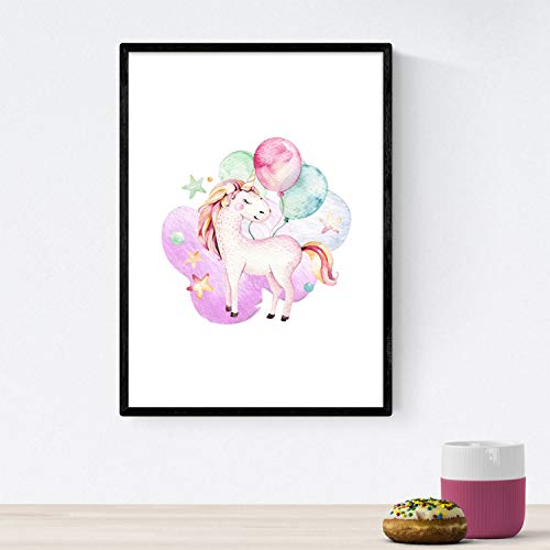 Pack de Tres láminas con Ilustraciones de Animales. Posters con imágenes Infantiles de Animales. Unicornio con Globos Unicornio Arcoiris y Unicornio con alas. Tamaño A3 sin Marco…