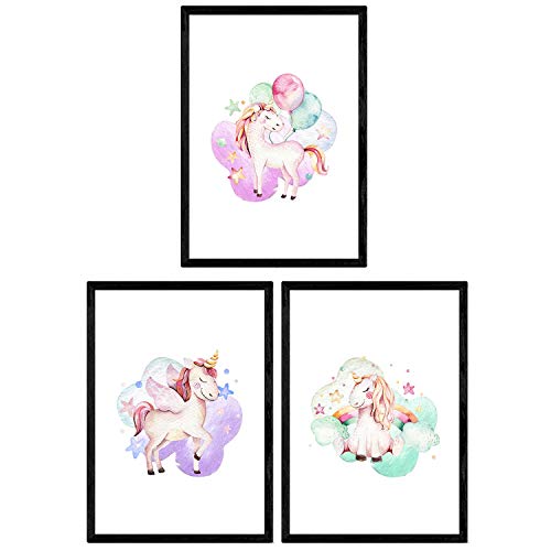 Pack de Tres láminas con Ilustraciones de Animales. Posters con imágenes Infantiles de Animales. Unicornio con Globos Unicornio Arcoiris y Unicornio con alas. Tamaño A3 sin Marco…