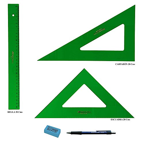 PACK LOTE Faber Castell Técnico - Regla 813-30 Cms + Escuadra 566-28 Cms + Cartabón 666-28 Cms + REGALO