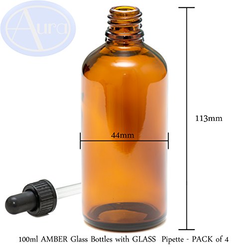 PACK of 4 - 100ml AMBER GLASS Bottles with GLASS Pipettes. Essential Oil / Aromatherapy Use