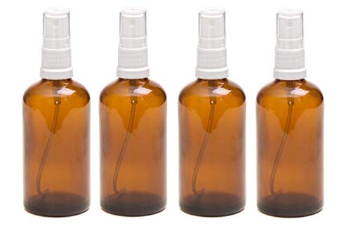 PACK of 4 - 100ml AMBER Glass Bottles with White ATOMISER Sprays. Essential Oil / Aromatherapy Use