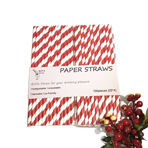 Pajitas BOFA colorido a rayas, pajitas de papel con rayas rojas de 19,7 cm (100 unidades)