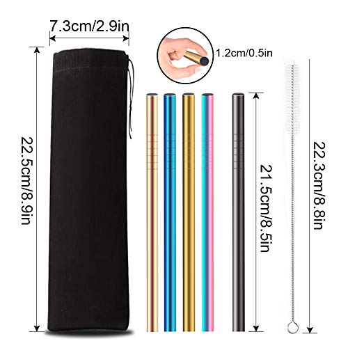Pajitas de Acero Inoxidable 5 Pzas, Pajitas Reutilizables Extra Anchas (12 mm) - Ideal Para té de Burbuja y Boba, Batidos, Pajitas de Metal de Varios Colores de YANGTE