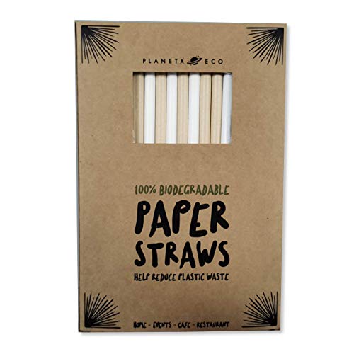 Pajitas de papel, ecológicas, biodegradables, 100 unidades, 210 x 8 mm, reciclables y compostables, perfectas para todas las bebidas y batidos Mezcla blanca y kraft.
