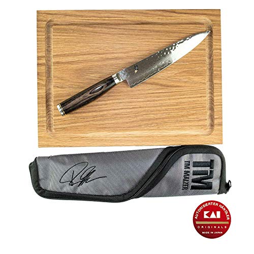 Palatina Werkstatt ® / Kai Shun Classic Tim Mälzer - Juego de Cuchillos Multiusos TDM-1701 - Tabla de Madera Maciza de 25 x 15 cm + Funda de Cuchillo Kai.
