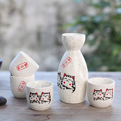 Panbado Juego de Sake de 5 Piezas de Gres, Conjunto Tradicional Japonés con 1 Botella de Sake y 4 Sake Cups de Cerámica, Estilo Japonés, Mejor Regalo de Cumpleaños, Navidad, San Valentín - Gato