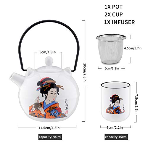 Panbado Juego de té de porcelana japonesa , incluye 1 tetera de 700 ml con 2 tazas de té de 150 ml y colador de té de acero inoxidable, decoración Kabuki