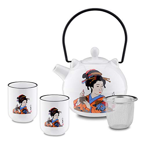 Panbado Juego de té de porcelana japonesa , incluye 1 tetera de 700 ml con 2 tazas de té de 150 ml y colador de té de acero inoxidable, decoración Kabuki