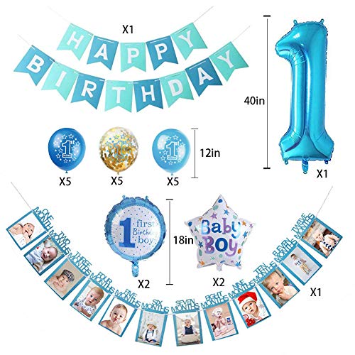 Pancartas de Banderines de Happy Birthday,12 Meses Foto Guirnalda,1er Cumpleaños Bebe Globos,Banderines de Happy Birthday,Banner de Feliz Cumpleaños Bebe Niño,Globos con Forma de Estrella