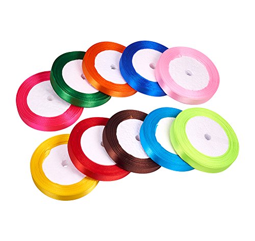 Pandahall 250 Yardas Cinta de Raso para Cajas de Envases del Dia de San Valentin, Decoración de Boda, Cumpleaños, Fiestas, 10 Colores Mezclados, 12 mm, 25 Yardas/rolll, 10 Rollos