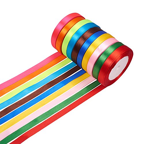 Pandahall 250 Yardas Cinta de Raso para Cajas de Envases del Dia de San Valentin, Decoración de Boda, Cumpleaños, Fiestas, 10 Colores Mezclados, 12 mm, 25 Yardas/rolll, 10 Rollos