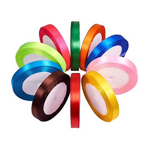 Pandahall 250 Yardas Cinta de Raso para Cajas de Envases del Dia de San Valentin, Decoración de Boda, Cumpleaños, Fiestas, 10 Colores Mezclados, 12 mm, 25 Yardas/rolll, 10 Rollos