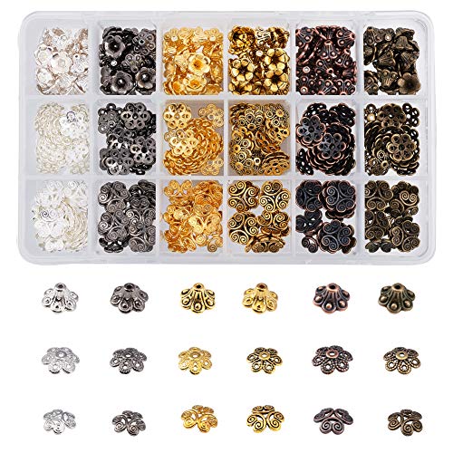 PandaHall 360 piezas de 6 colores estilo tibetano cuentas tapas de aleación de metal, extremos espaciadores hallazgos para pendientes, pulseras, collares, joyería DIY manualidades