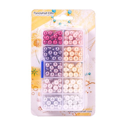 PandaHall Elite 230 Pcs Perla de los Granos de Cristal Redondo Perlado, Tenido, 8 mm, Agujero: 0,7 mm; sobre 23 pcs/Compartimento