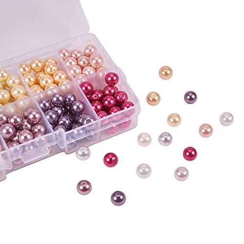 PandaHall Elite 230 Pcs Perla de los Granos de Cristal Redondo Perlado, Tenido, 8 mm, Agujero: 0,7 mm; sobre 23 pcs/Compartimento