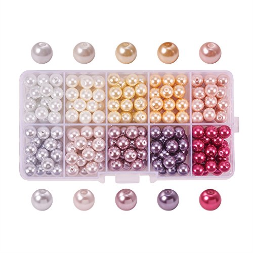PandaHall Elite 230 Pcs Perla de los Granos de Cristal Redondo Perlado, Tenido, 8 mm, Agujero: 0,7 mm; sobre 23 pcs/Compartimento
