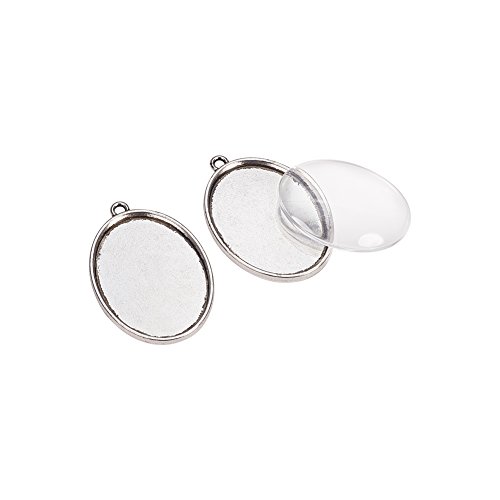 Pandahall,5 Series 40x30MM Claro cabujon de cristal ovalada de la cubierta y de plata antigua configuracion colgante cabujon en blanco para DIY colgante del retrato , sin plomo y sin niquel, colgante: 48x34 mm, agujero: 3 mm, Banteja: 40x30 mm