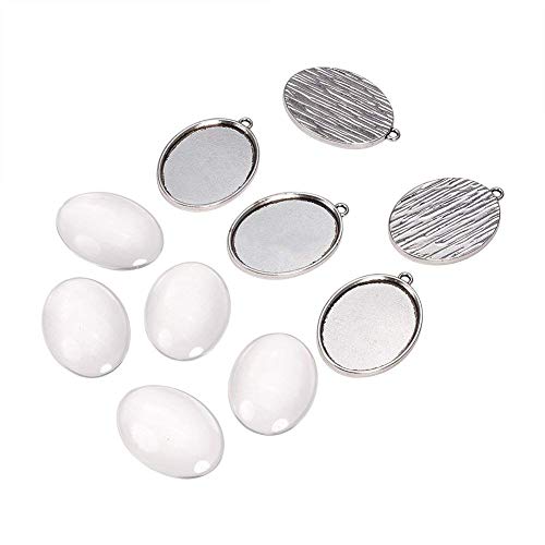 Pandahall,5 Series 40x30MM Claro cabujon de cristal ovalada de la cubierta y de plata antigua configuracion colgante cabujon en blanco para DIY colgante del retrato , sin plomo y sin niquel, colgante: 48x34 mm, agujero: 3 mm, Banteja: 40x30 mm