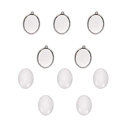 Pandahall,5 Series 40x30MM Claro cabujon de cristal ovalada de la cubierta y de plata antigua configuracion colgante cabujon en blanco para DIY colgante del retrato , sin plomo y sin niquel, colgante: 48x34 mm, agujero: 3 mm, Banteja: 40x30 mm