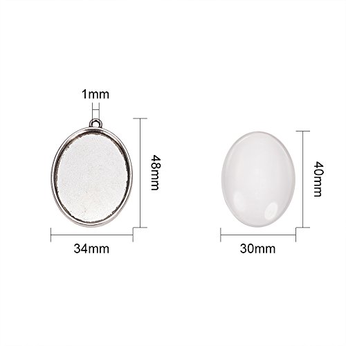 Pandahall,5 Series 40x30MM Claro cabujon de cristal ovalada de la cubierta y de plata antigua configuracion colgante cabujon en blanco para DIY colgante del retrato , sin plomo y sin niquel, colgante: 48x34 mm, agujero: 3 mm, Banteja: 40x30 mm