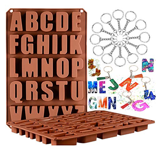 Panlom - Moldes de silicona para letras de resina con 10 llaveros, anillos de ojo, joyas y fundición de resina