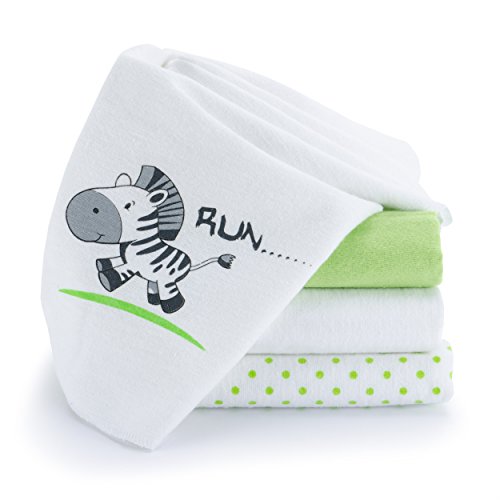 Paño algodón bebé / muselina franela - 4 Ud., 80x80 cm, estampado cebra, blanco y verde| Muy suave y absorbente, lavable a 60°C, certificado OEKO-TEX Standard 100