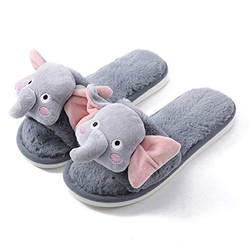 Pantuflas Mujer,Mujeres Zapatillas De Algodón Invierno Navidad Suave Grueso Bebé Elefante Gris Señoras Interiores Piso Lavable Antideslizante Diapositivas Flops Para El Dormitorio Casa Casa Zapato