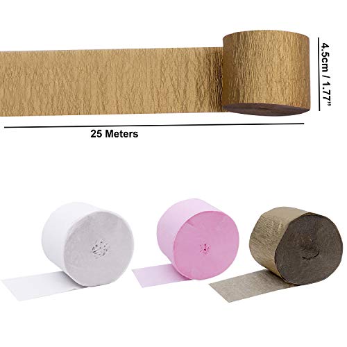 Papel Crepe (Pack de 12) - 25mx4,5cm Dorado, Blanco, Rosa Papel de Colores - 4 Rollos de Cada Color Papel Pinocho para Flores Pompones, Cumpleaños, Bodas, Baby Showers, Decorar