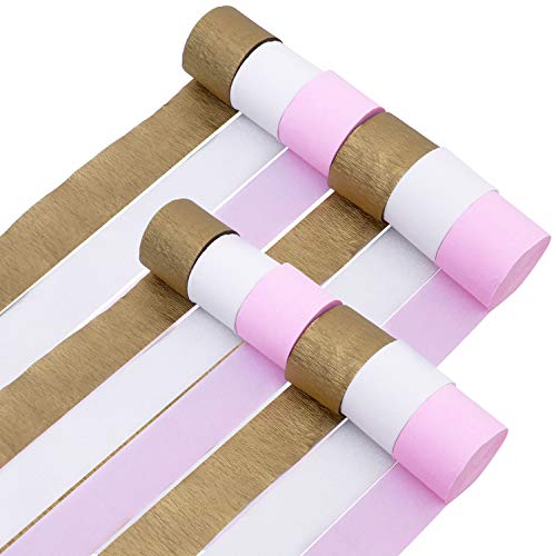 Papel Crepe (Pack de 12) - 25mx4,5cm Dorado, Blanco, Rosa Papel de Colores - 4 Rollos de Cada Color Papel Pinocho para Flores Pompones, Cumpleaños, Bodas, Baby Showers, Decorar