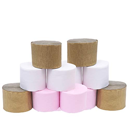 Papel Crepe (Pack de 12) - 25mx4,5cm Dorado, Blanco, Rosa Papel de Colores - 4 Rollos de Cada Color Papel Pinocho para Flores Pompones, Cumpleaños, Bodas, Baby Showers, Decorar